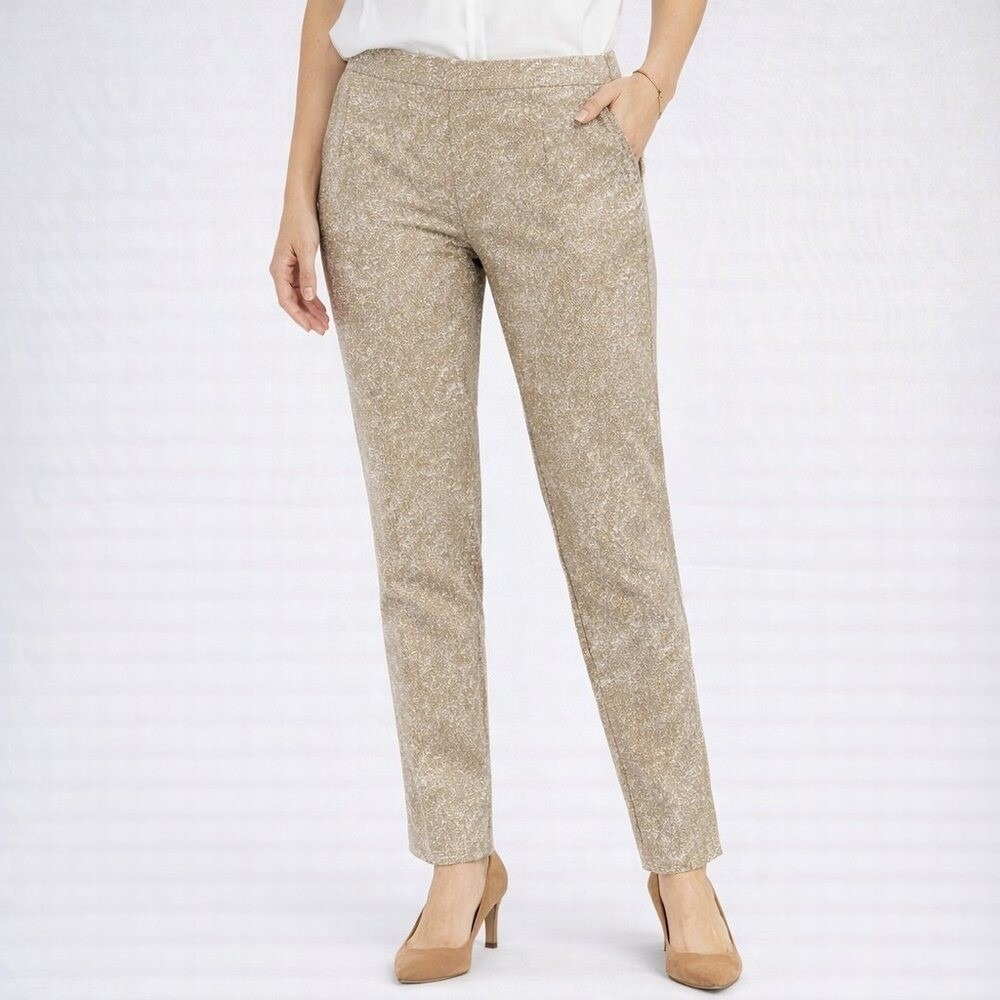 Estell and Finn Pants Womens 10‎ Tan White Textured Print Side Zip Slim Trousers